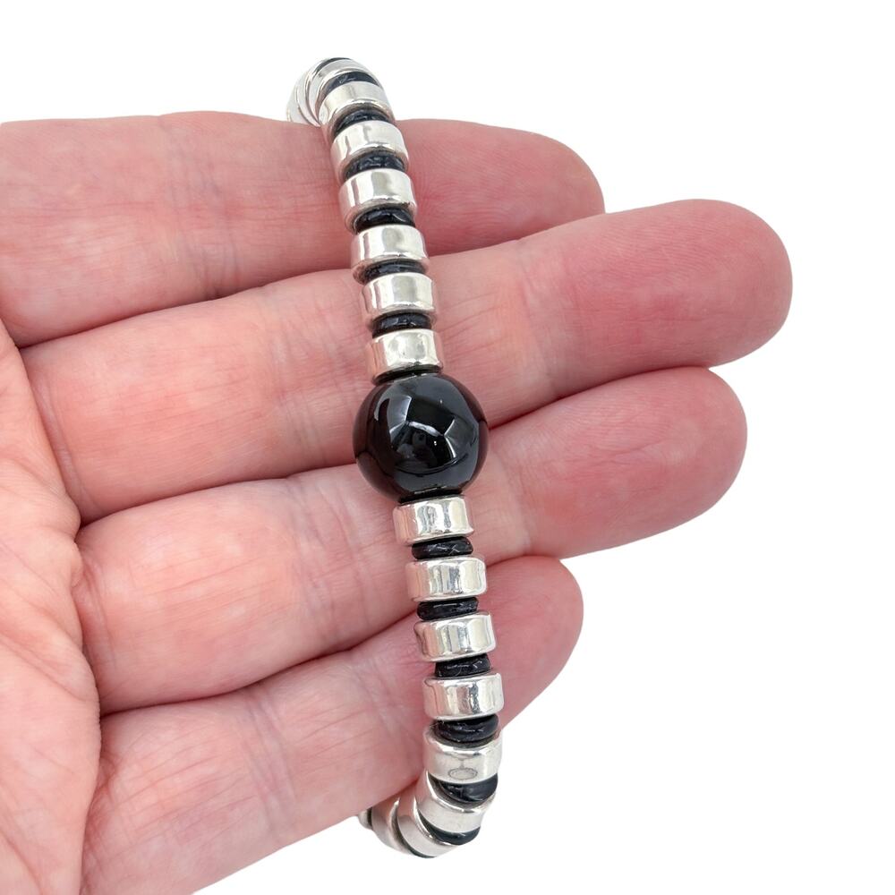 Vintage Sterling Silver 925 Black Rubber Spacer Onyx Ball Bracelet | 7.5"